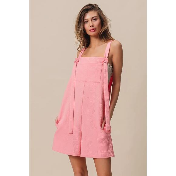 BiBi Texured Jacquard Side Pockets Sleeveless Relaxed Fit Romper | Blush Pink - Picture 5 of 11